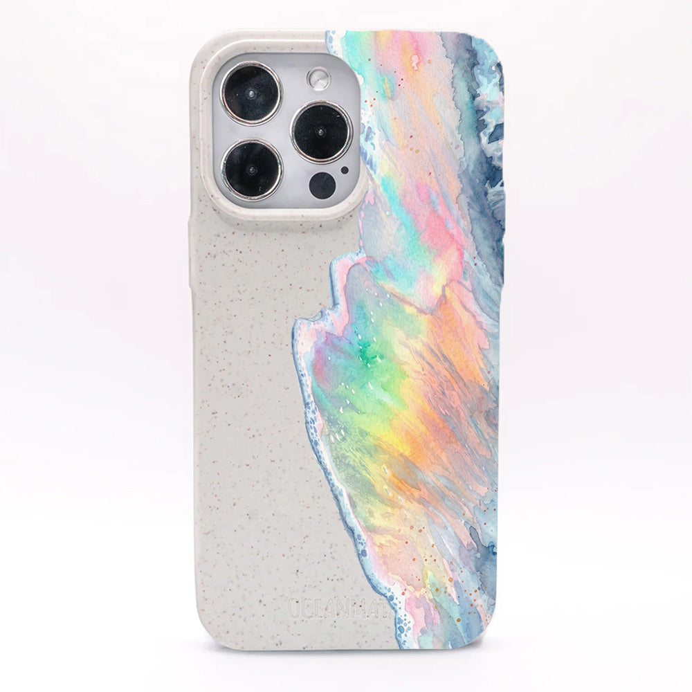 iPhone 16e Hülle - Regenbogen Welle weiß - "WaveOfPride" - nachhaltig